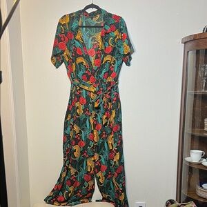 America & Beyond Cheetah & Floral Wide Leg Jumpsuit - Black Red Green Large